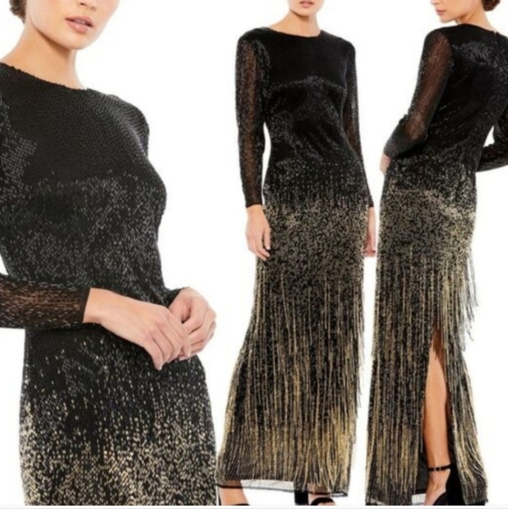 Mac Duggal Black Long Sleeve Beaded Fringe Evening Gown Style